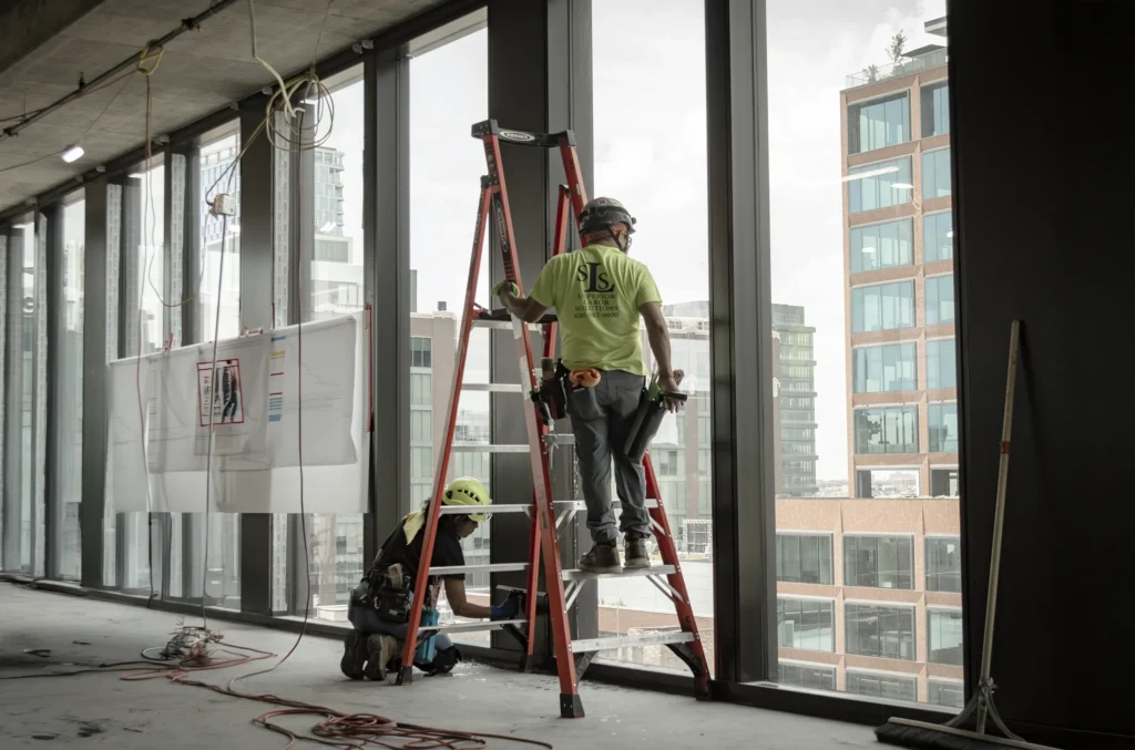 Two Superior Labor Solutions Employees Cleaning Interior Windows