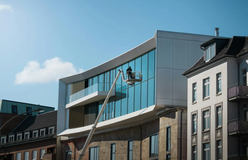 Window Cleaners Suspended on Modern Building for Window Cleaning